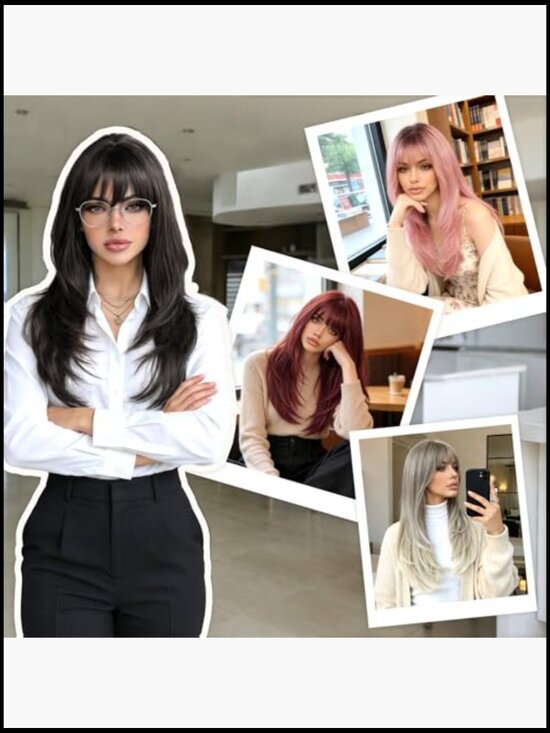 Straight Sleek Layered Wig with Bangs 24 Inch Natural Synthetic Hair Heat